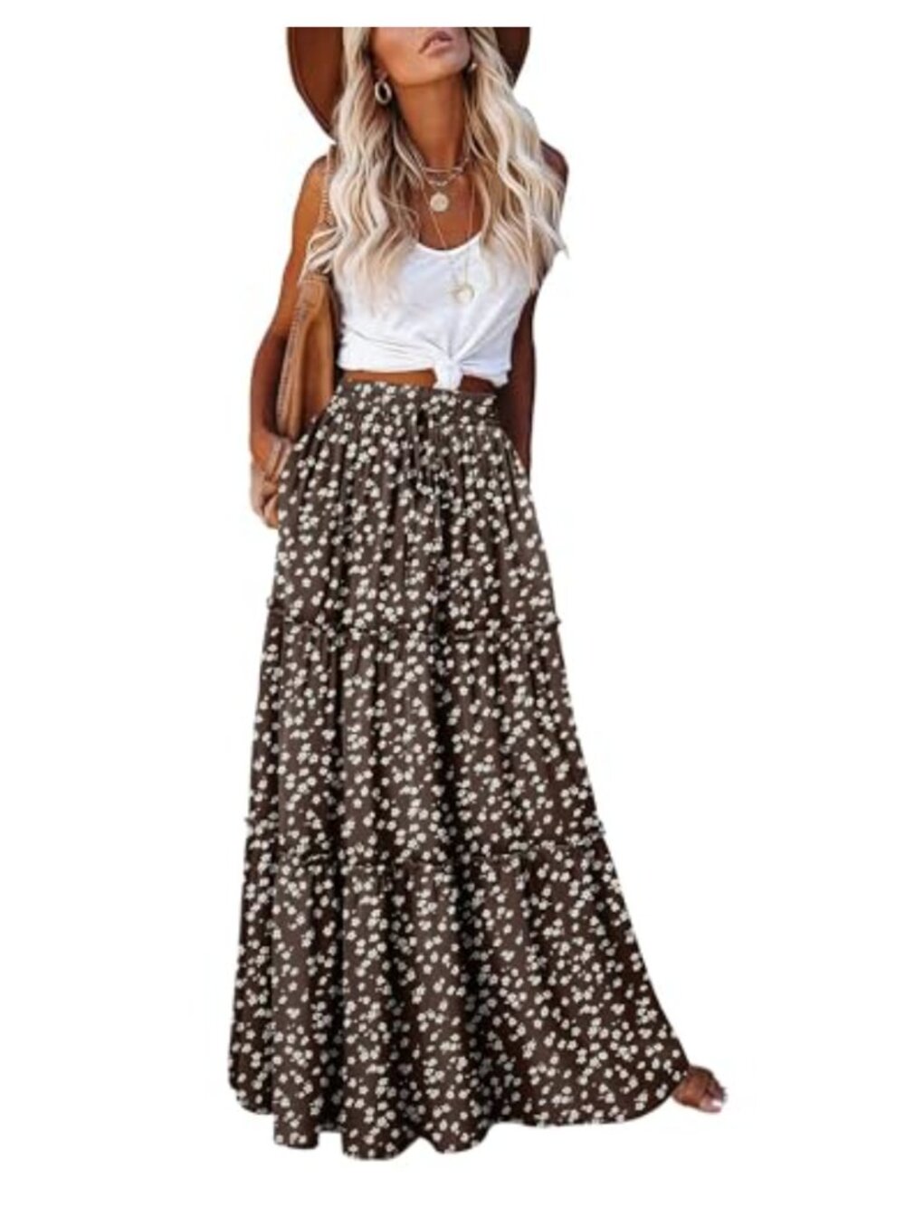 Boho Maxi Skirt High Waist Drawstring Flowy A-Line Festival